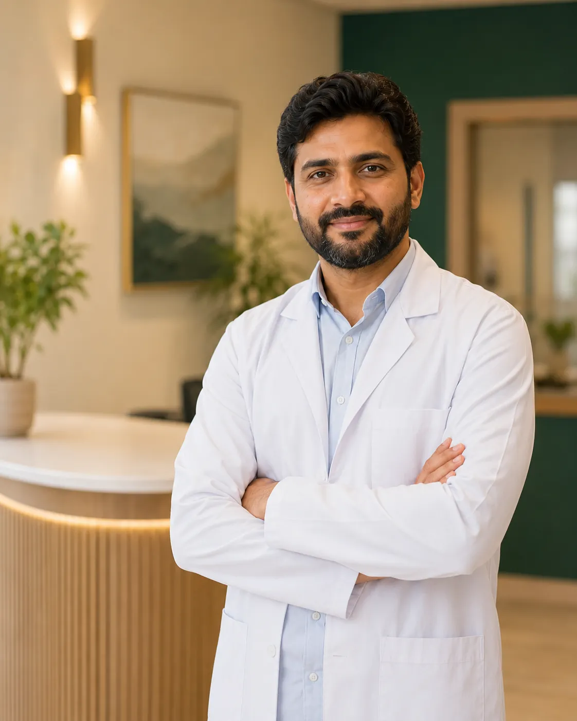 A welcoming Pakistani doctor with arms crossed in the calm reception of Aman Rehab & Caring Center