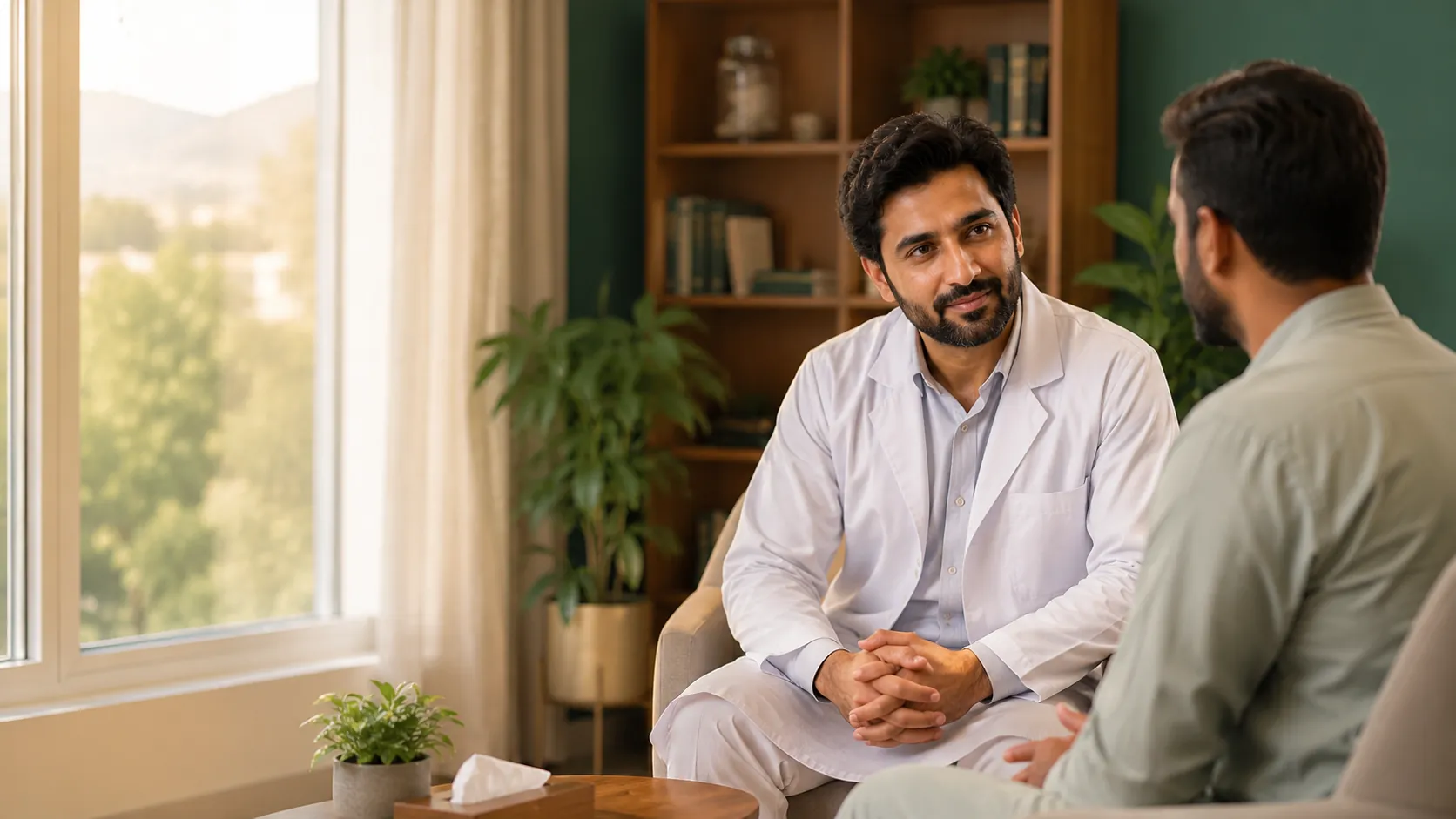 A Pakistani doctor listening attentively to a patient in a calm, private consultation room